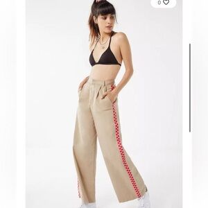 Women's Tan Wide-Leg Pants with Red Accents